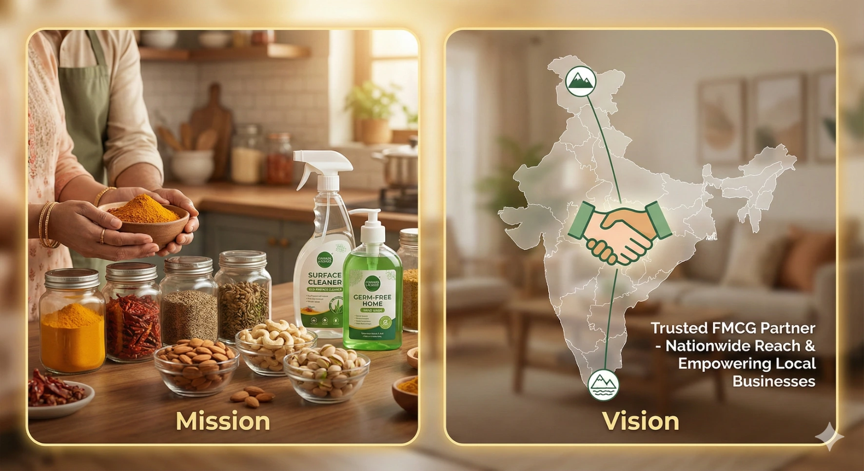 To provide every Indian household with access to 100% natural, unadulterated spices and nutrient-rich dry fruits at honest prices, while ensuring their homes stay safe and germ-free with our cleaning solutions."